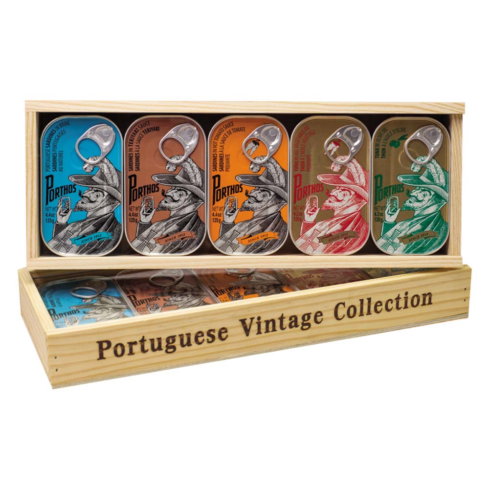 Pack Sardinas y Atún 5x120g PORTHOS Vintage (CajaMadera)
