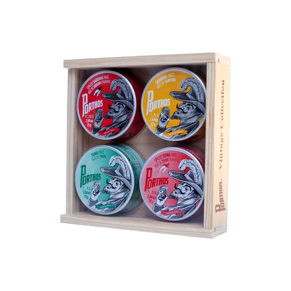 Pack Paté Sardina y Atún 4x75g PORTHOS Vintage (CajaMadera)